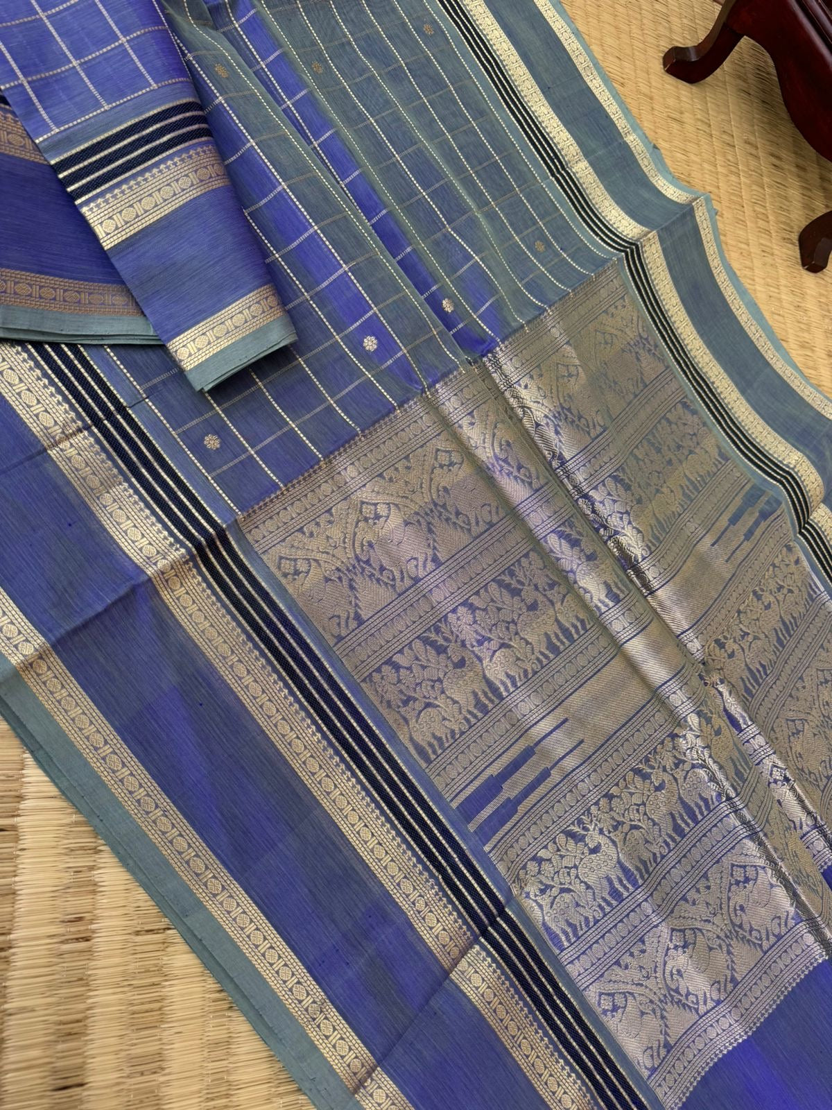 Zari Kissed Silk Cotton - gorgeous unusual blue muthu kattam