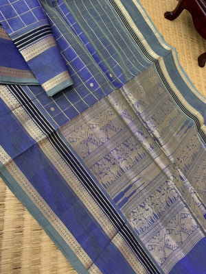 Zari Kissed Silk Cotton - gorgeous unusual blue muthu kattam