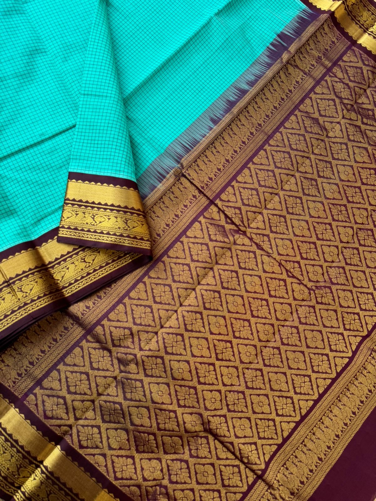 Korvai Silk Cotton - teal and coffee podi kattam