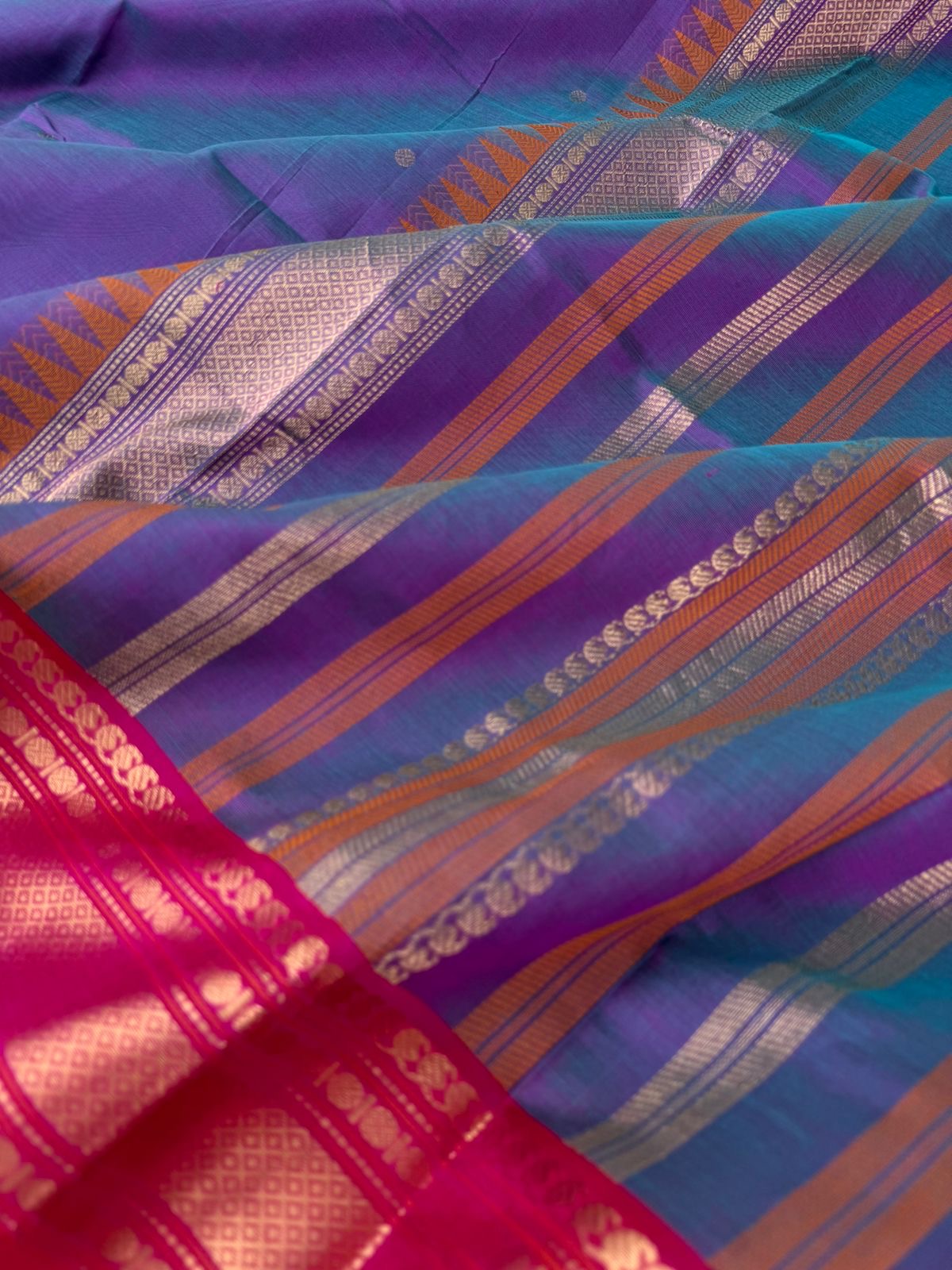 Zari Kissed Silk Cotton - blue short violet with mayil kann woven borders