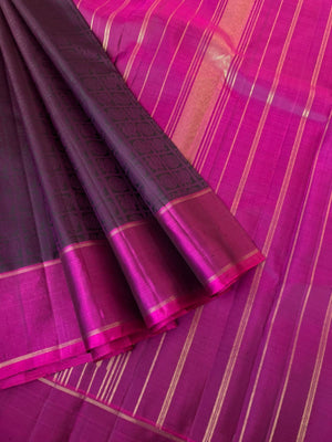 Haritham - Heirloom Yarn Play on Kanchivaram - deep dark plum purple suttle 1000 mayil chackaram woven buttas