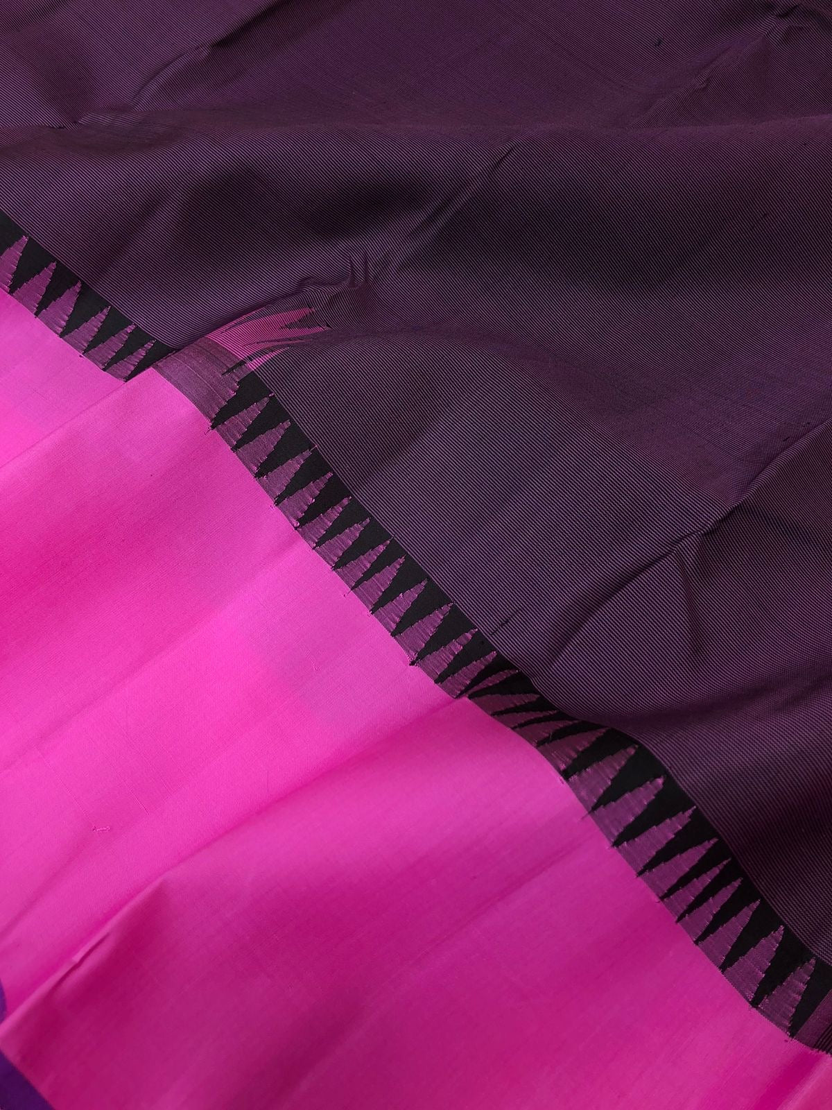 Kaavyam on Korvai Kanchivaram - black and rose pink short body with oosi stripes