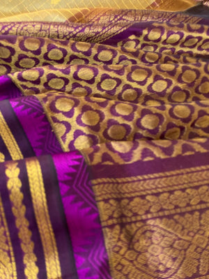 Korvai Silk Cotton - beige and purple zari kattam