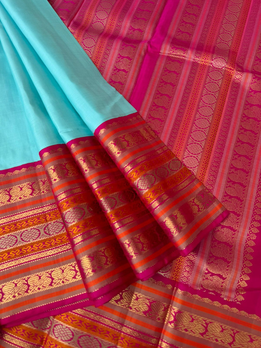 Raga Aadhana - The Vintage Recreated Kanchivaram - stunning pastel baby blue and pink with most traditional korvai woven vaarusai pett borders