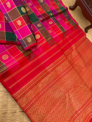 Paalum Palamum Kattam on Kanchivarams - pink red and green paalum Palamum Kattam with gorgeous red woven pallu