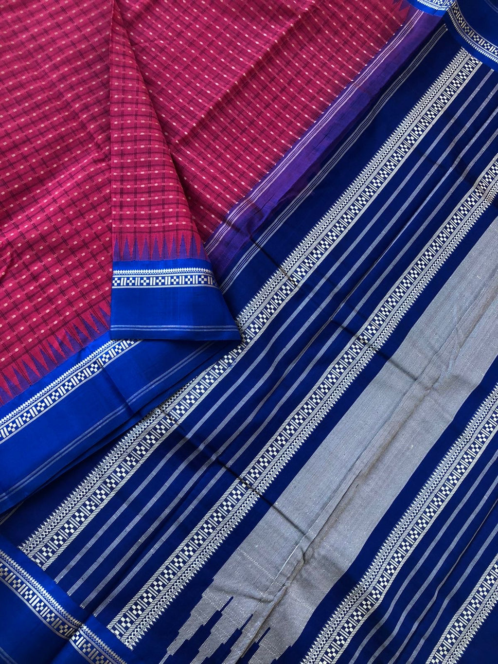 Mira - Our Exclusive Cotton body with Pure Silk Korvai Borders - dark kum kum pink and ink blue Lakshadeepam