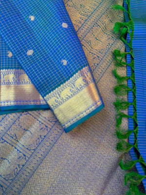 Statement of Kanchivaram - KK1 - the most beautiful dual tone peacock blue green Vairaoosi kattam with small woven borders with gorgeous grand pallu.