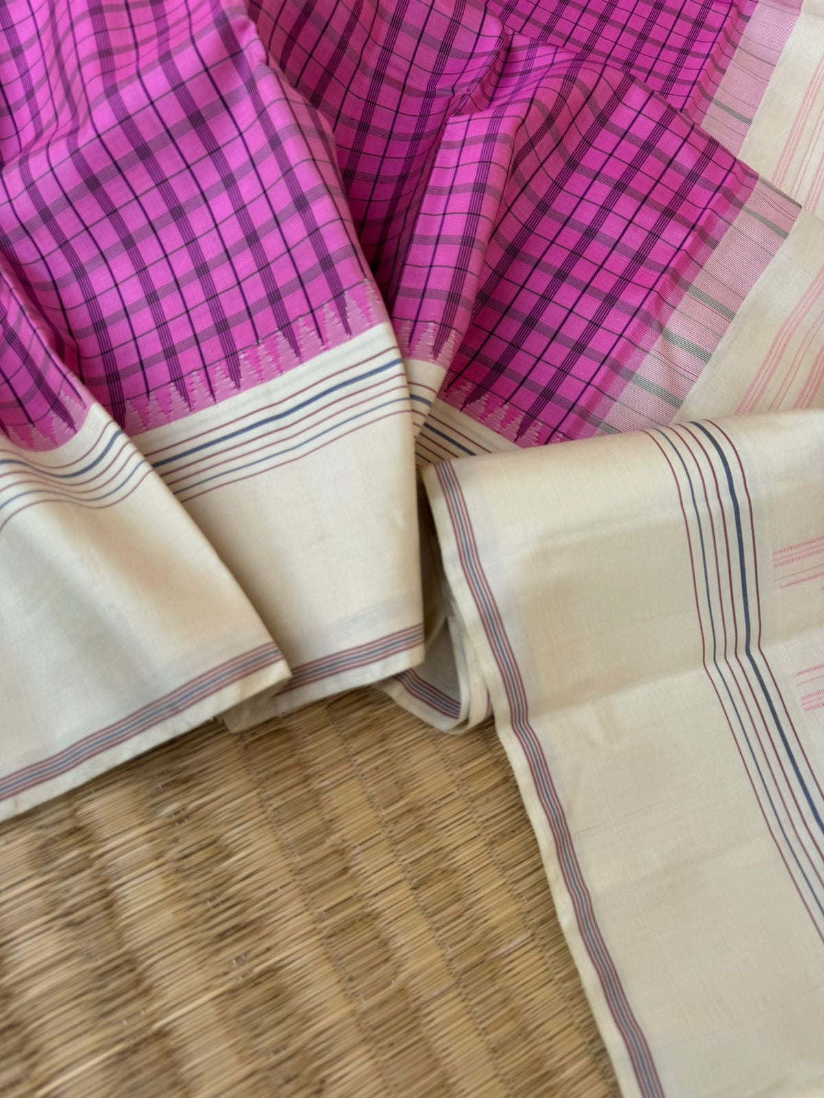 Kaavyam on Korvai Kanchivaram - beautiful rose pink and cream with black chex woven body