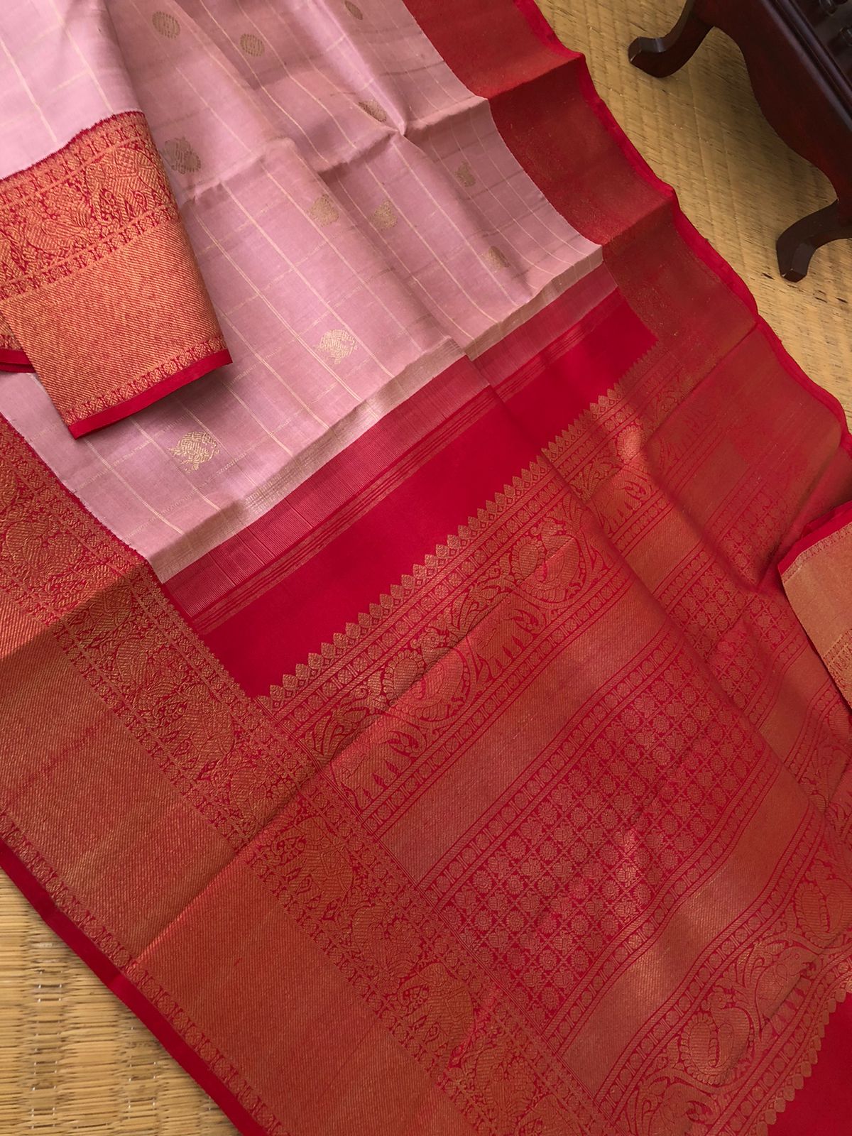 Swarnam - The Solid Kanchivarams - the rare pale dusky rose gold and red with matt finish borders and pallu