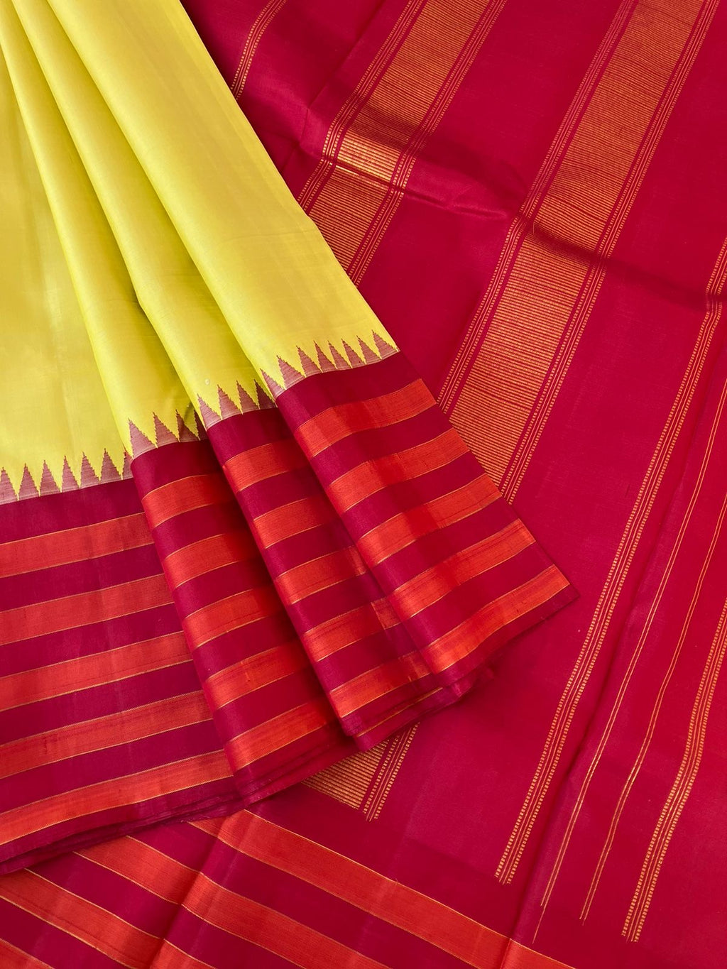 Statement of Kanchivaram - Something Different - simple and elegant pastel lemon yellow and red korvai kanchi