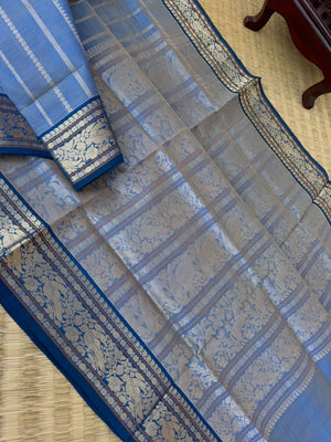 Zari Kissed Silk Cotton - beige mixed blue vertical veldhari