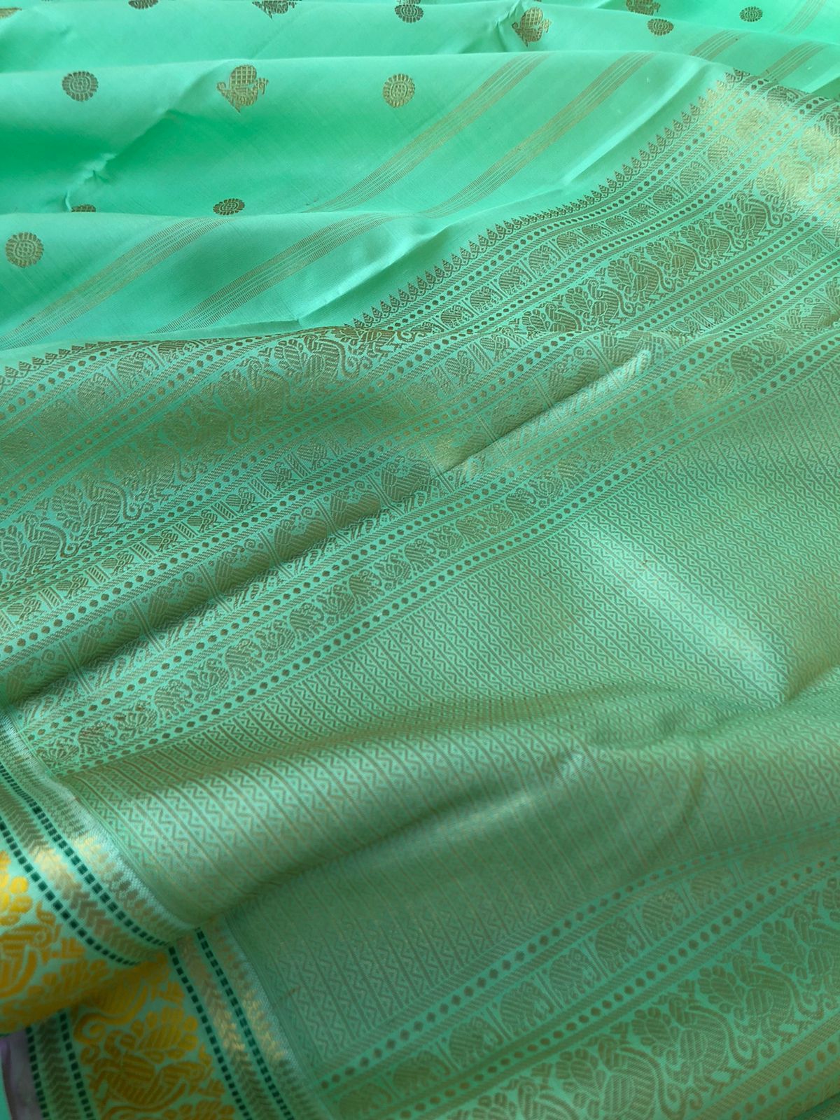 Pastel Ragas on Kanchivaram -soo beautiful soo elegant pastel pista ice cream tone body with mustard silk thread woven borders with gold zari woven intricate pallu