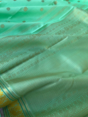 Pastel Ragas on Kanchivaram -soo beautiful soo elegant pastel pista ice cream tone body with mustard silk thread woven borders with gold zari woven intricate pallu