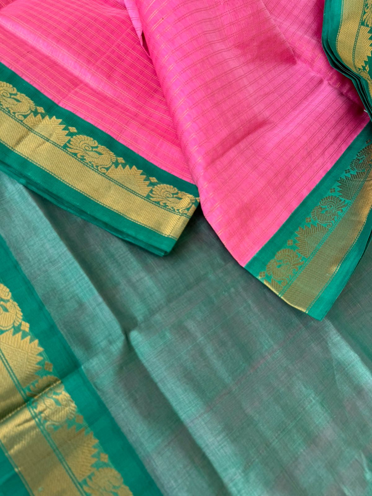 Kattams on Korvai Silk Cotton - bubble gum pink and teal