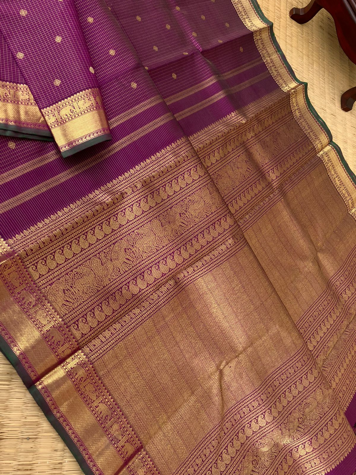 Treasures of Kanchivaram - Solid Gold Zari Woven Border Kanchivarams - stunning deep purple and gold Vairaoosi kattam with gorgeous pallu