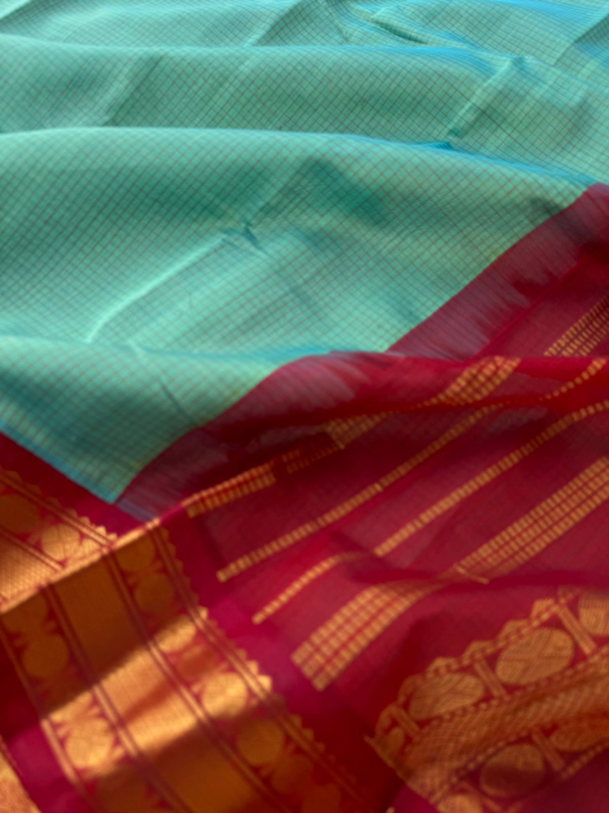 Kattams on Korvai Silk Cotton - pale teal and maroon