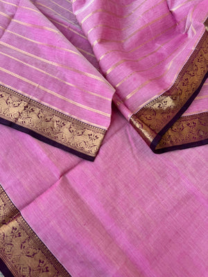 Zari Kissed Silk Cotton - baby pink veldhari with yali woven borders