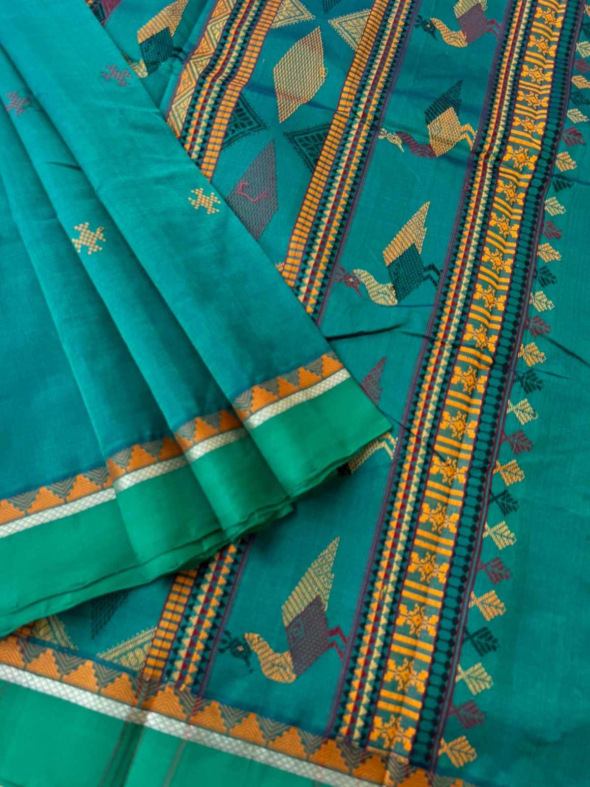 Woven Motifs Silk Cotton -deep rama green Bomkai