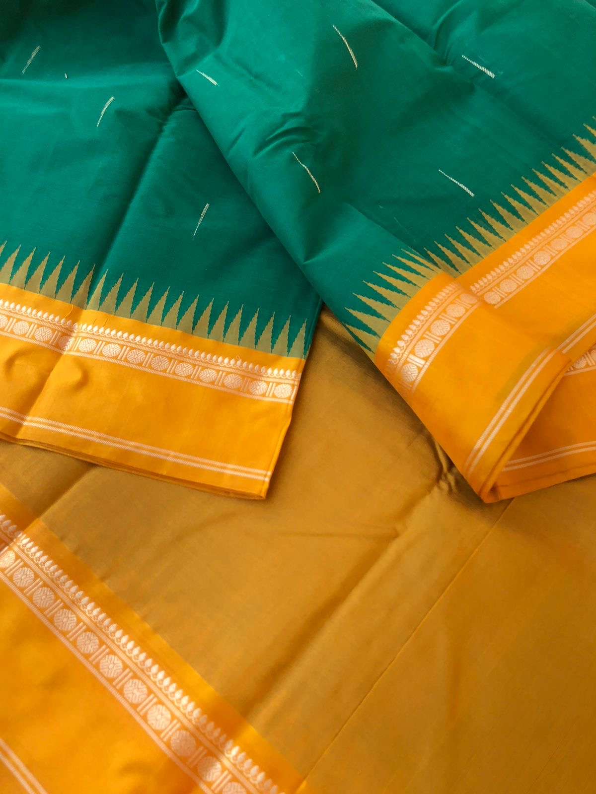 Mira - Our Exclusive Cotton body with Pure Silk Korvai Borders - leaf green and mustard malli mokku