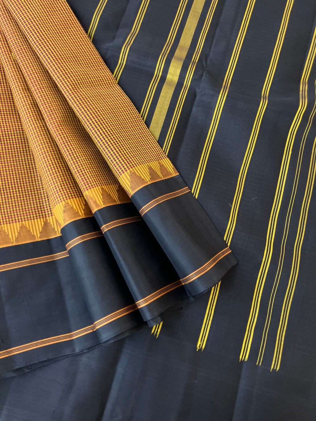 Signature Korvai Silk Cottons - honey mustard and rust kasa kasa kattam