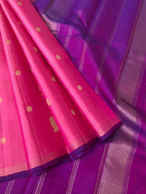 Mohaa - Beautiful Borderless Kanchivarams - rose pink and violet annapakshi woven buttas