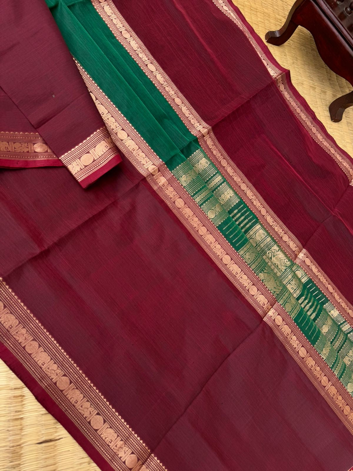 Zari Kissed Silk Cotton - gorgeous green and maroon with mubbagam