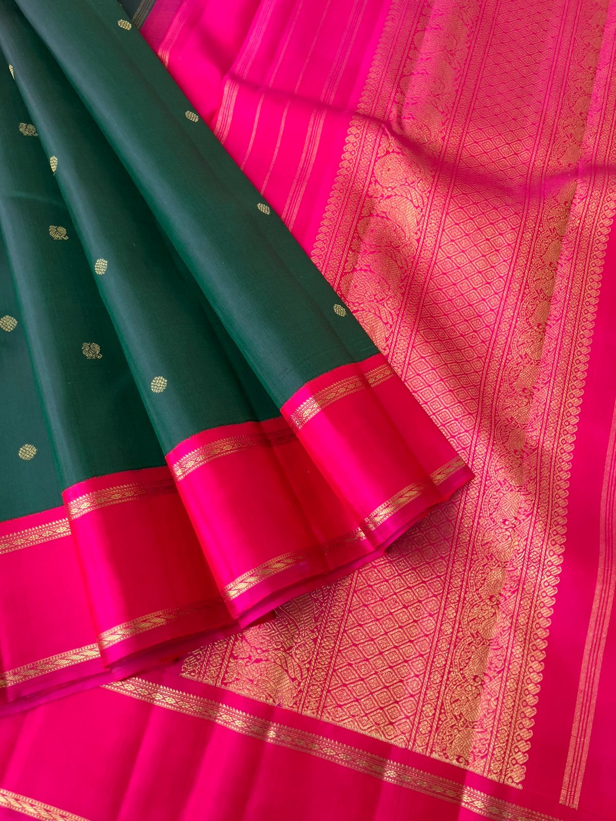 Meenakshi Kalayanam - Authentic Heirloom Korvai Kanchivarams - traditional deepest dark Meenakshi green and indian pink