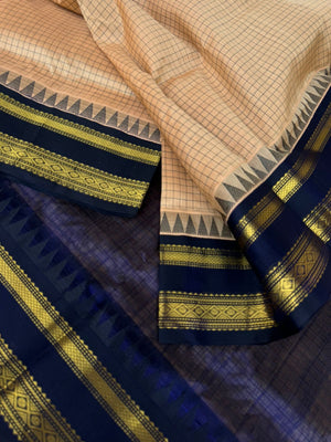 Korvai Silk Cotton - creamy off white and navy blue podi kattam