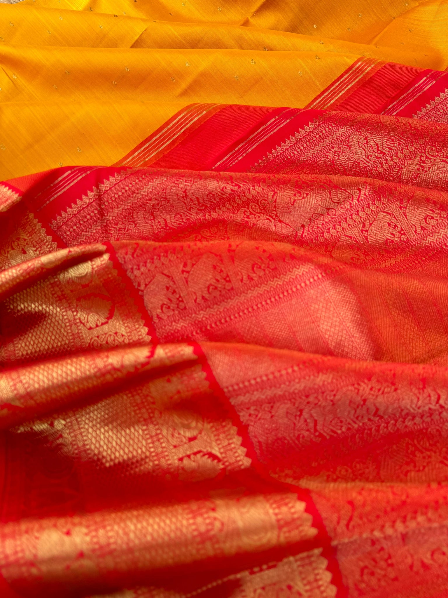 Tales of Korvais Kanchivaram - stunning traditional mustard and red