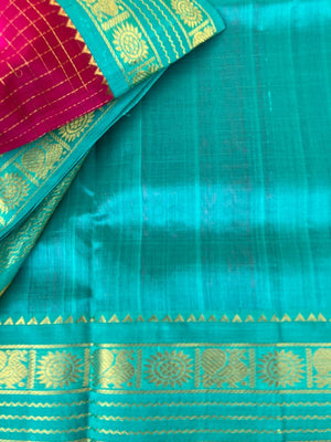 Korvai Silk Cotton - burgundy and teal zari kattam