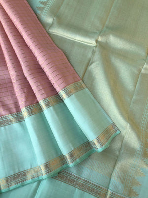 Pastel Ragas on Kanchivaram - dusky pastel rose gold muthukattam with 8 koll gold zari woven pallu