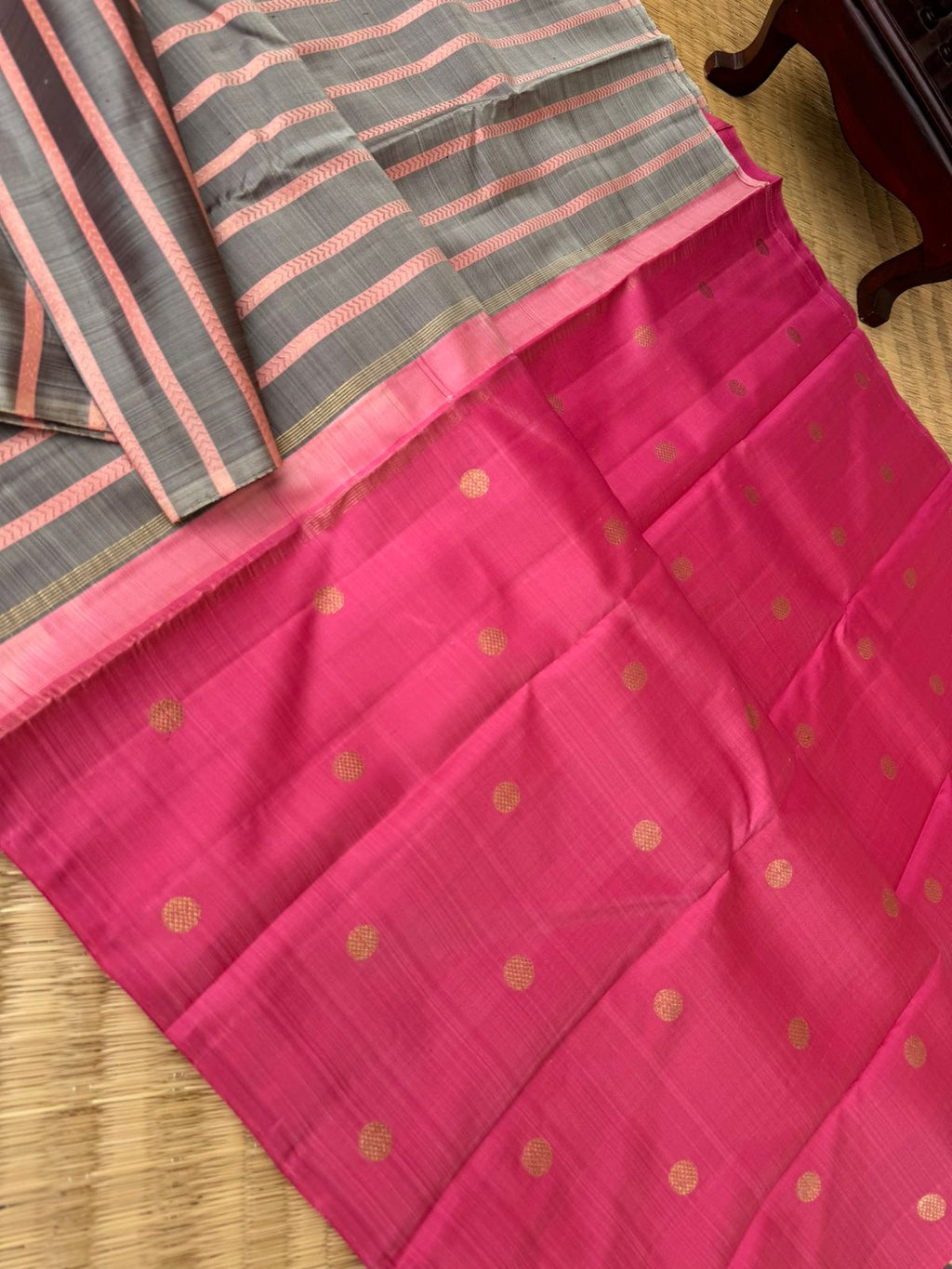 Bliss of Kanchivaram - unusual grey pink vertical veldhari stripes woven pallu with floral pink buttas woven pallu and blouse