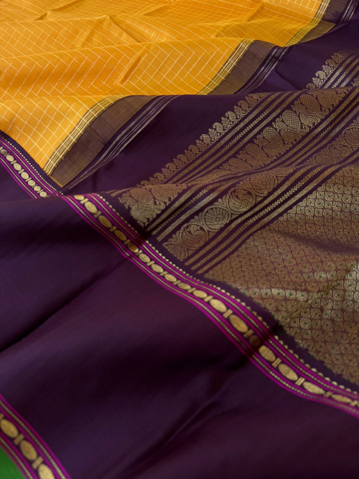 Vintage Ragas on Korvai Kanchivaram - traditional at the best mustard and beetle nut zari woven muthukattam with beetle nut purple retta pett borders