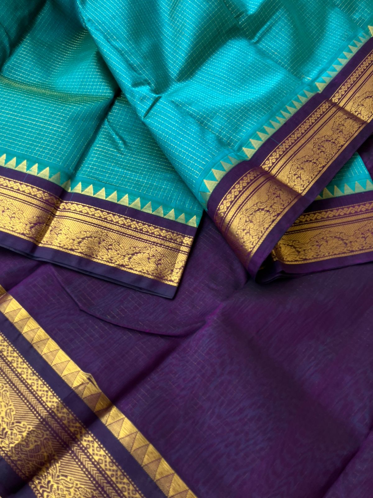 Korvai Silk Cotton - teal and purple zari kattam