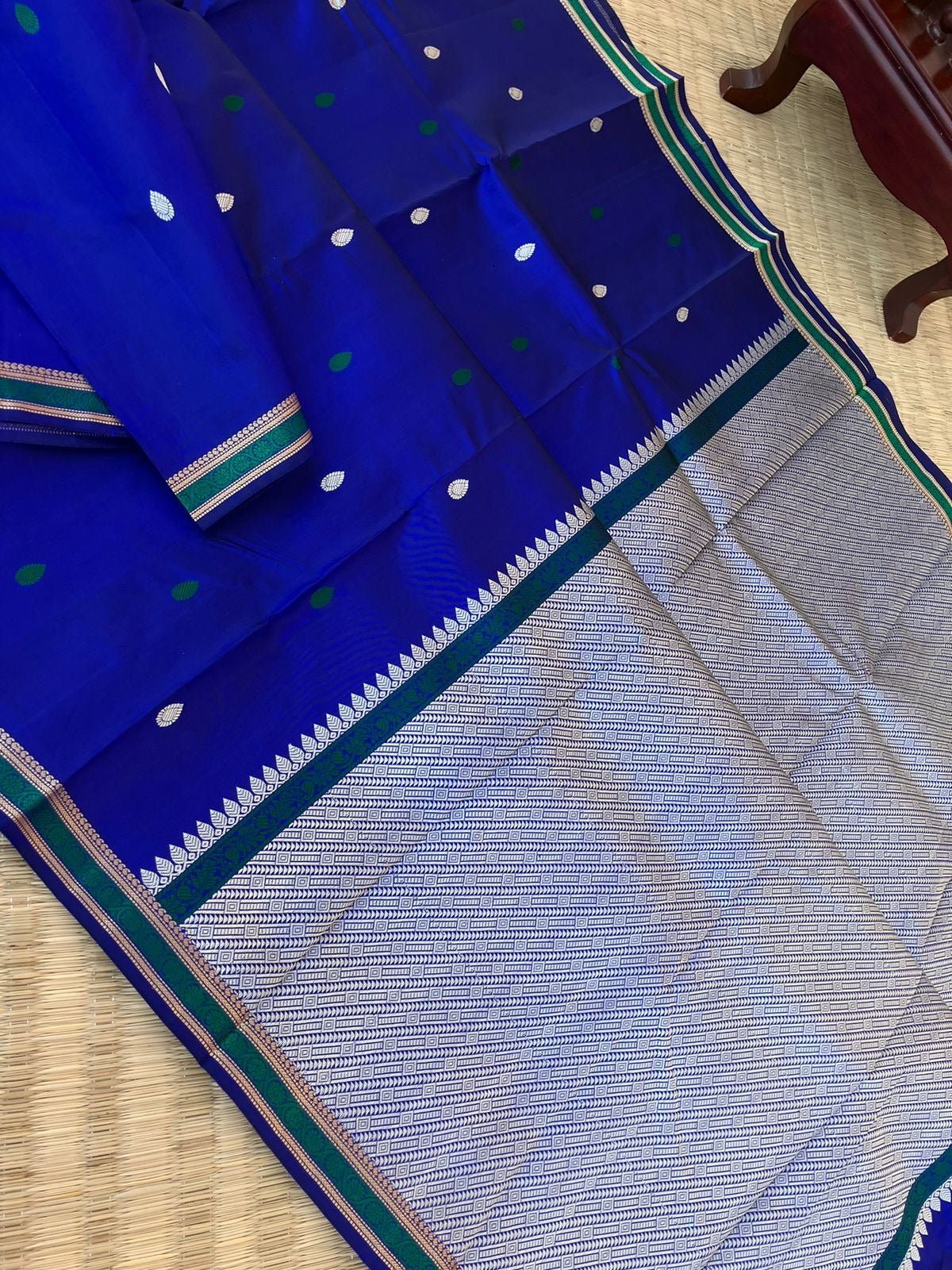 Woven from Memories - Beautiful No Zari Kanchivarams - ink blue and buttas