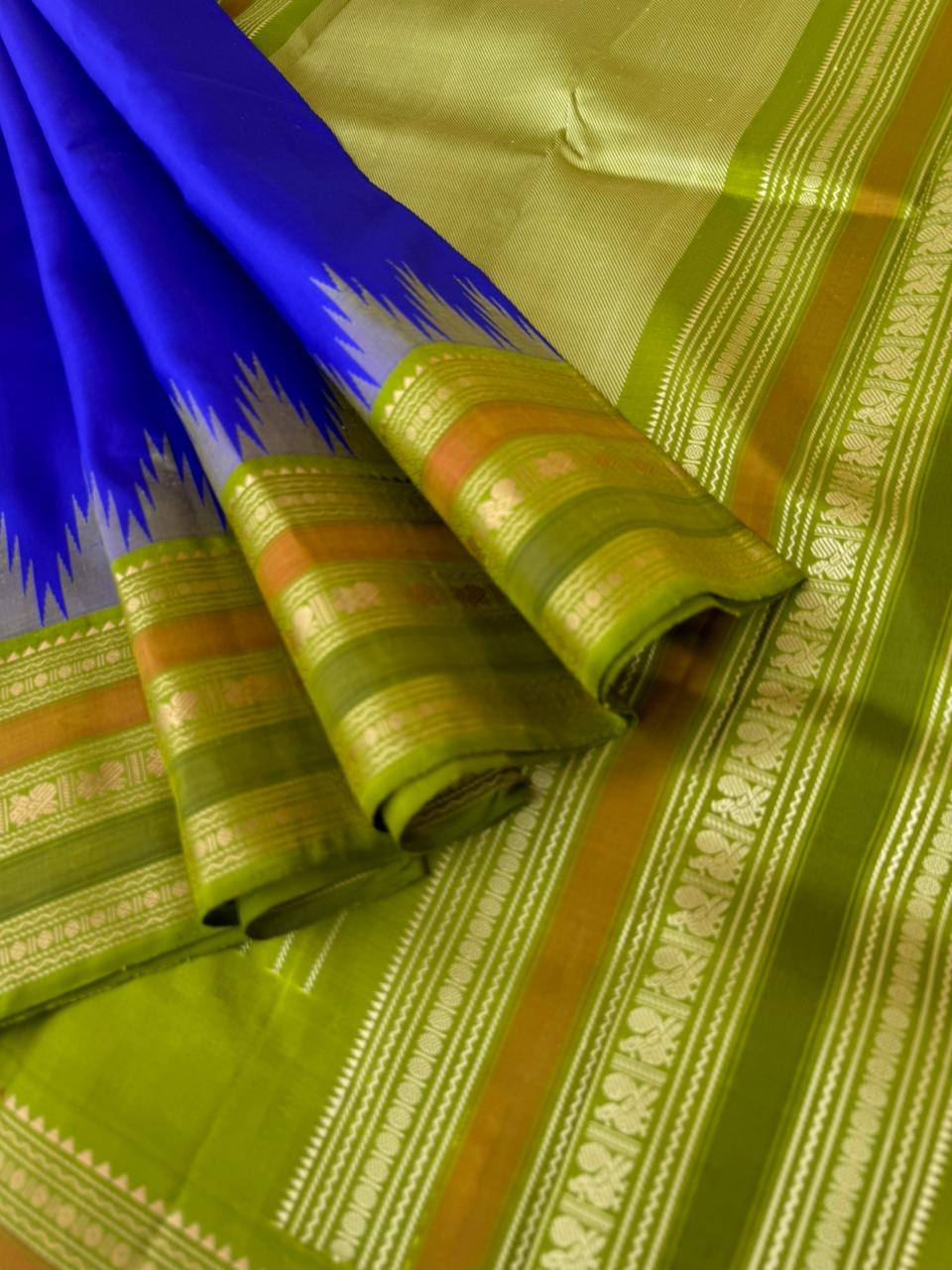 Silk Play on No Zari Kanchivaram - beautiful ms blue and olive green with Annapakshi woven borders