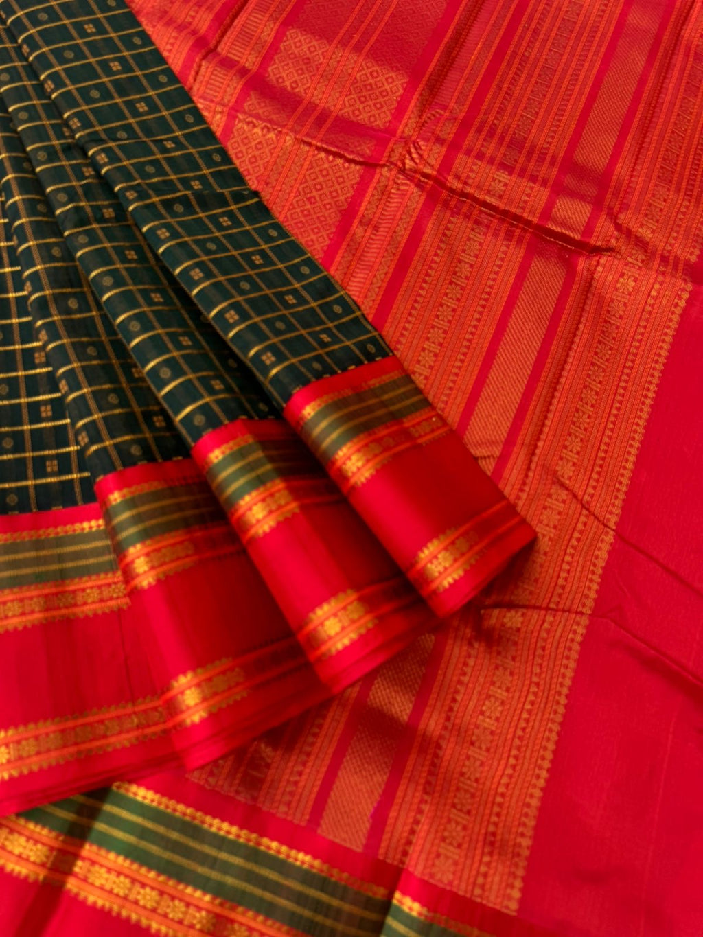 Divyam - Korvai Silk Cotton with Pure Silk Woven Borders - deep dark forest green on red