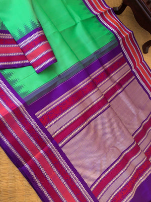 Silk Play on No Zari Kanchivaram - gorgeous green and deep purple