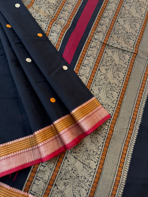 Mangalavastaram - the best part of the saree is black body moppula woven borders with elaborate pallu