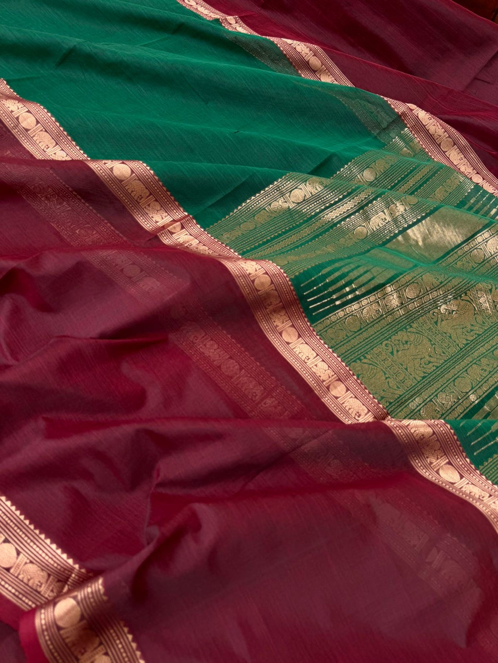 Zari Kissed Silk Cotton - gorgeous green and maroon with mubbagam