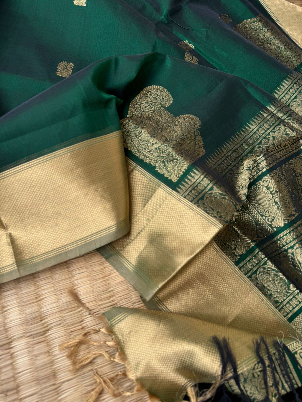 Zari Kissed Silk Cotton - the beautiful Meenakshi green with getti gold zari woven borders