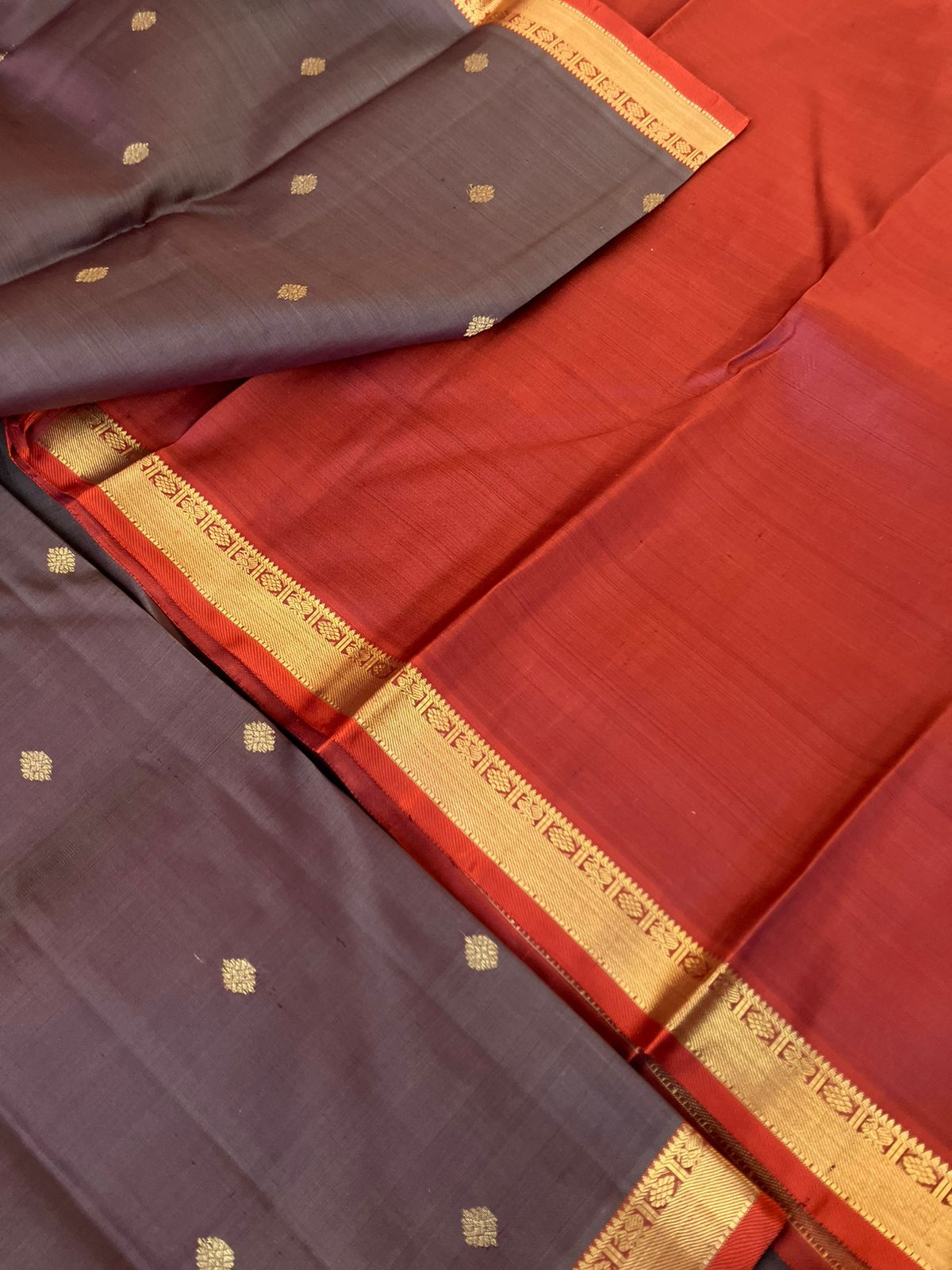 Leela - Darker effects on Kanchivaram - unusual chocolate grey and rust for people who love small borders