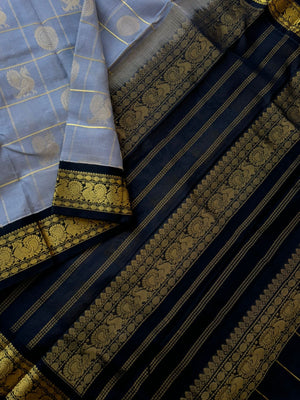 Korvai Silk Cotton - ash grey and black mayil chackaram