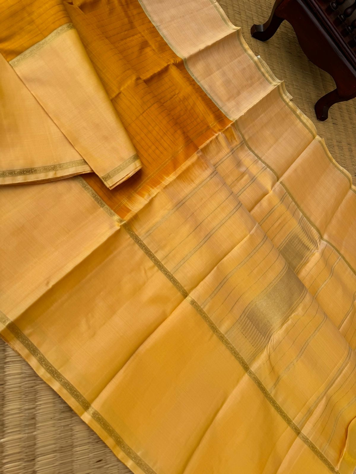 Pastel Ragas on Kanchivaram - deep mustard kattam borders with creamy yellow woven borders