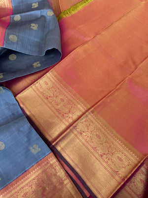 Meenakshi - Kanchivaram for Every Occasion - grey and pink with soldi gold zari woven korvai borders