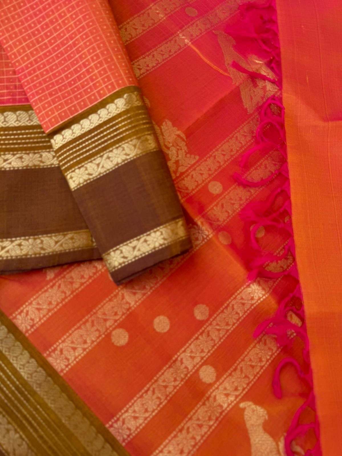 Zari Kissed Silk Cotton - gorgeous pink short orange lakshadeepam body with parrots woven pallu