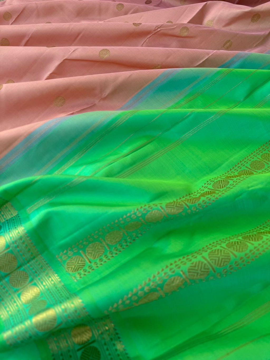 Interesting Kanchivarams - such a stunning rose gold and dual tone aqua green with small korvai woven rudurakasham borders