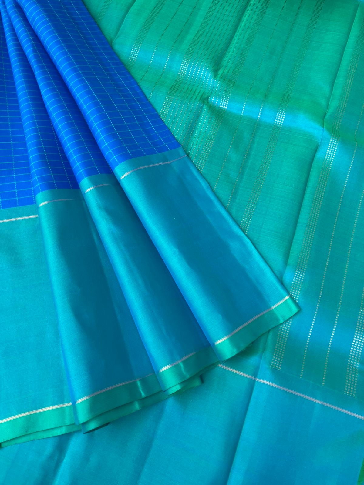 Daily Drape Kanchivarams - anandha blue muthu kattam woven body with dual tone aqua blue green broad borders