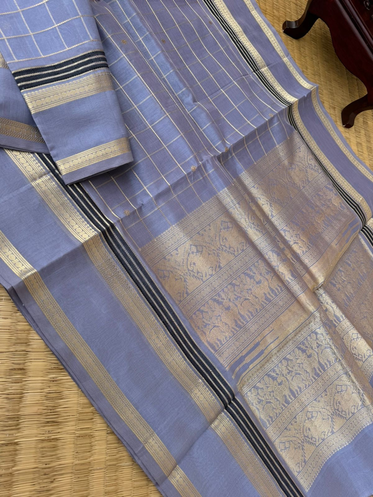 Zari Kissed Silk Cotton - silver grey muthu kattam