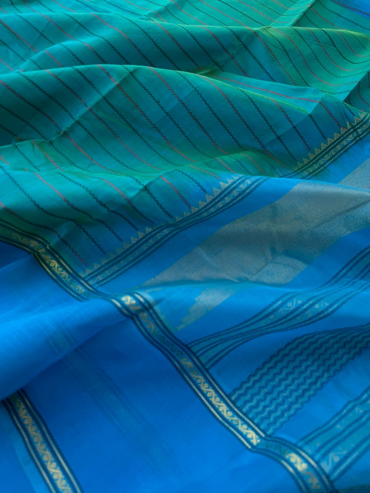 Woven Motifs Silk Cotton - teal and anandha veldhari